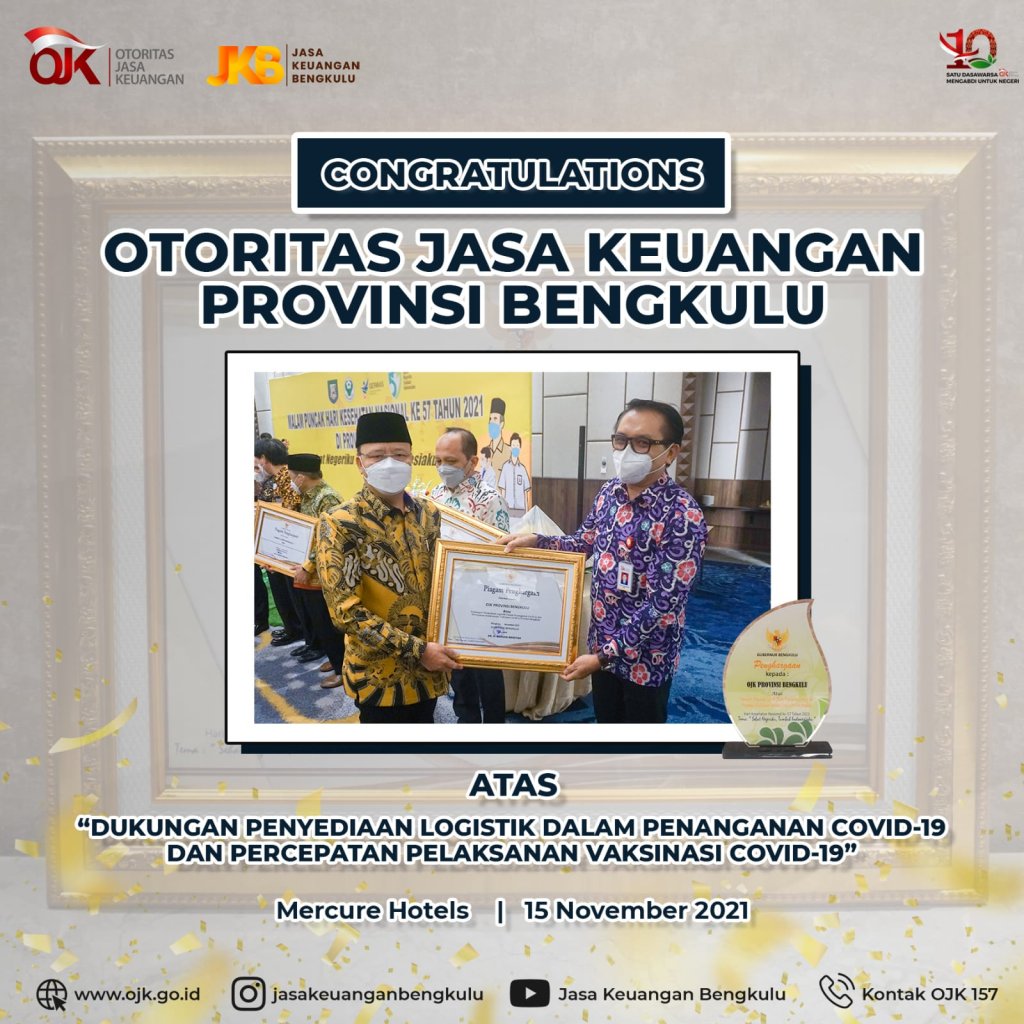 OJK Provinsi Bengkulu Terima Penghargaan dari Gubernur Rohidin